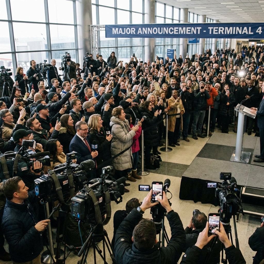 The crowd at Terminal 4 erupts as Cedar makes his announcement