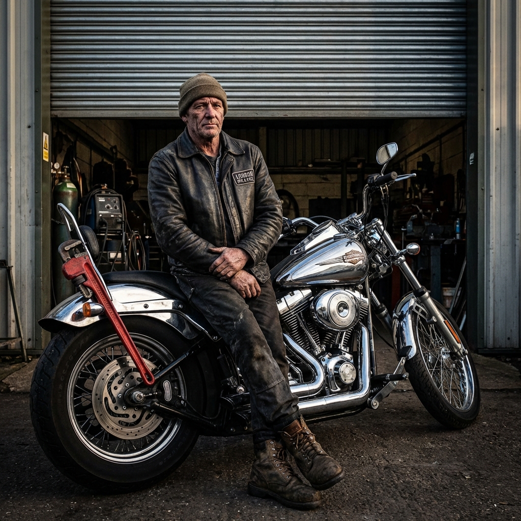 Theo Steele with his signature chrome Harley