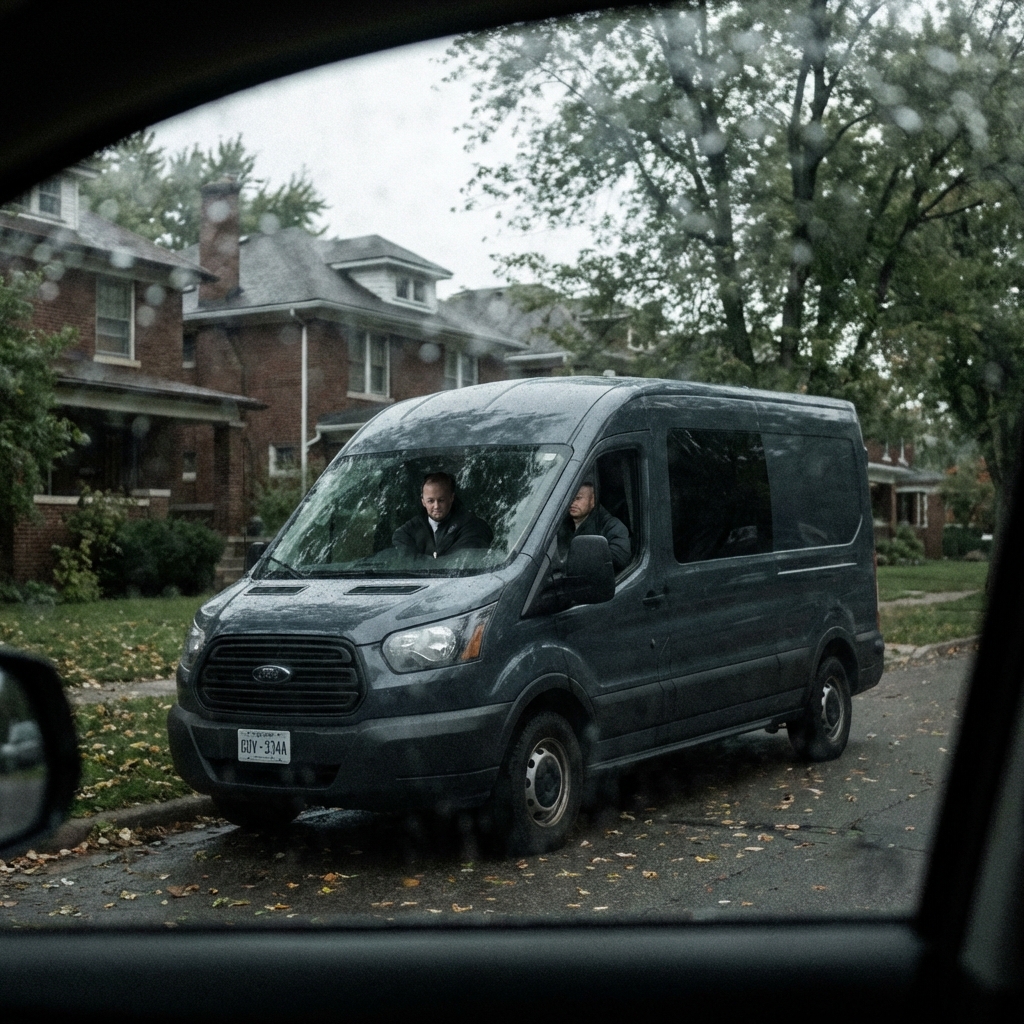The unmarked surveillance van spotted outside Team Cedar's facility