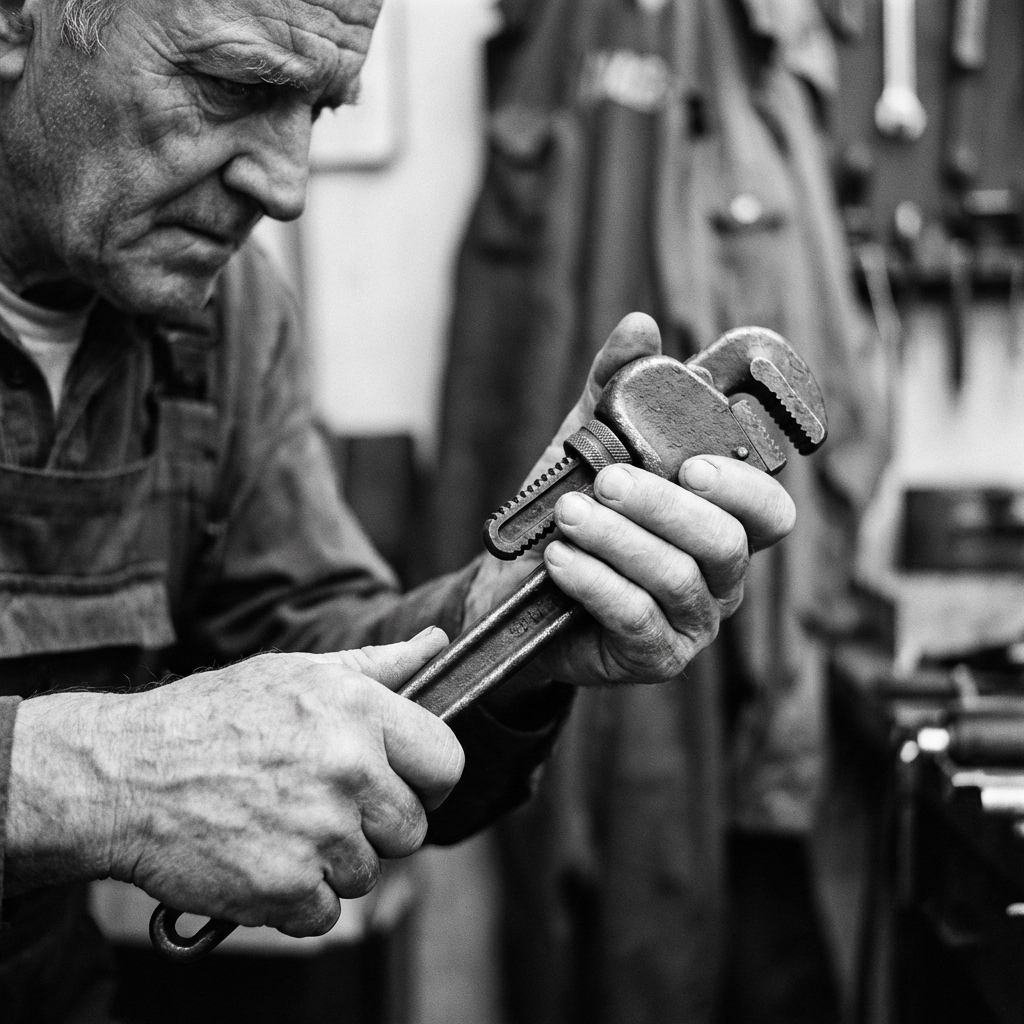 Calabassas's trembling hands struggle to grip his wrench