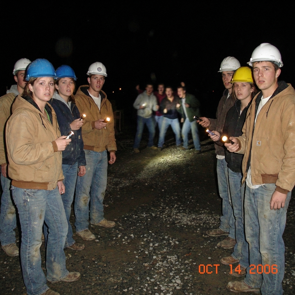 Students gather around the flooded competition arena