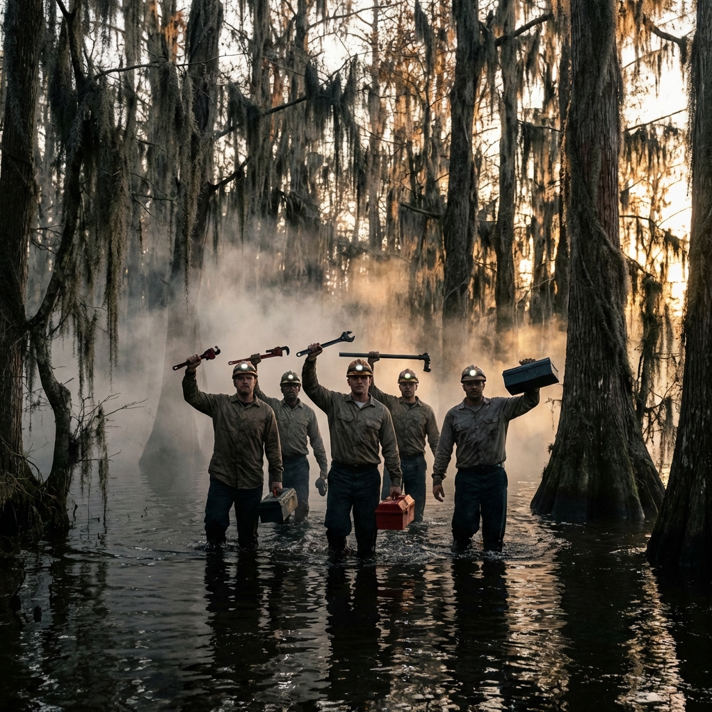 Dawn swamp runs with tools held overhead