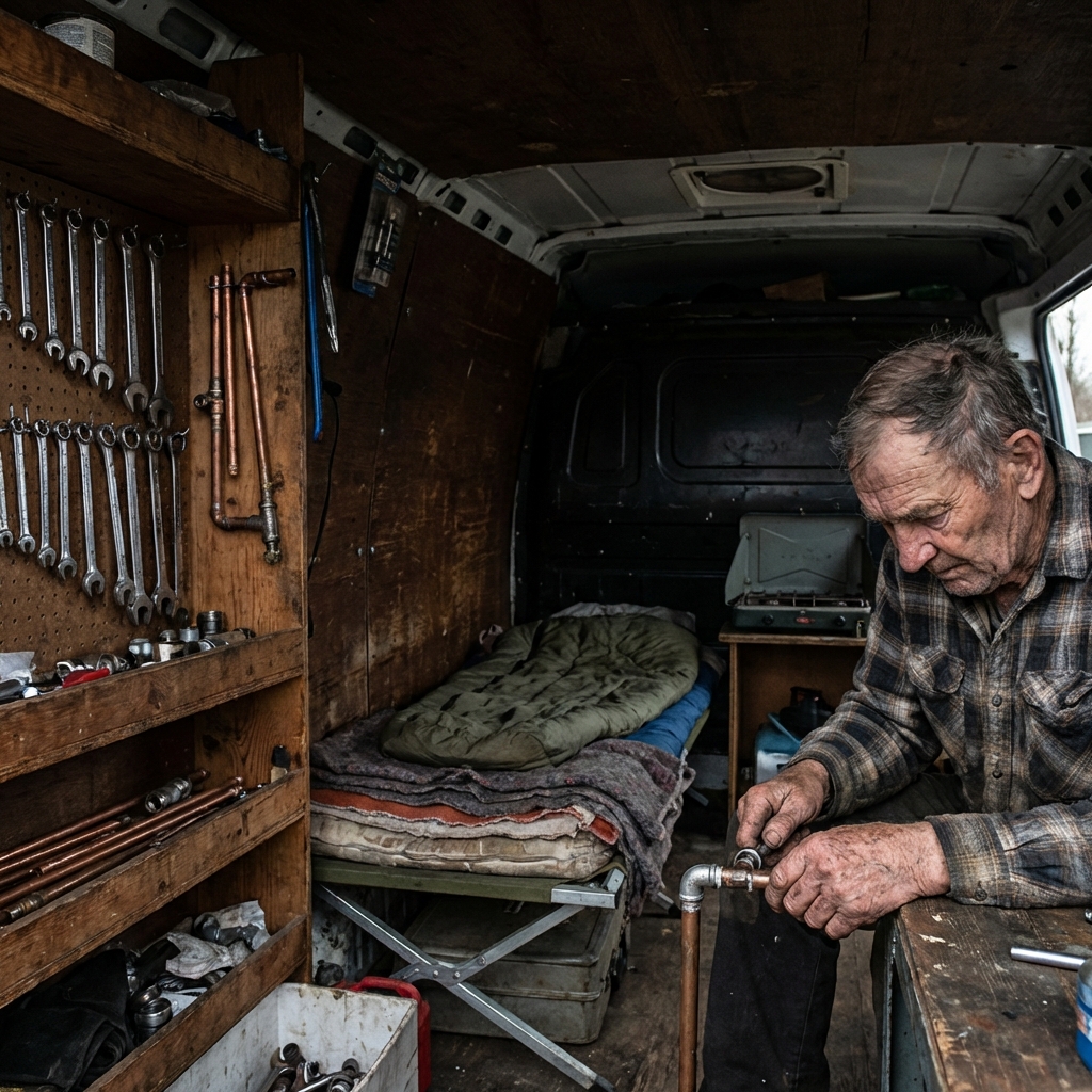 Skinner works on repairs inside his mobile home workshop