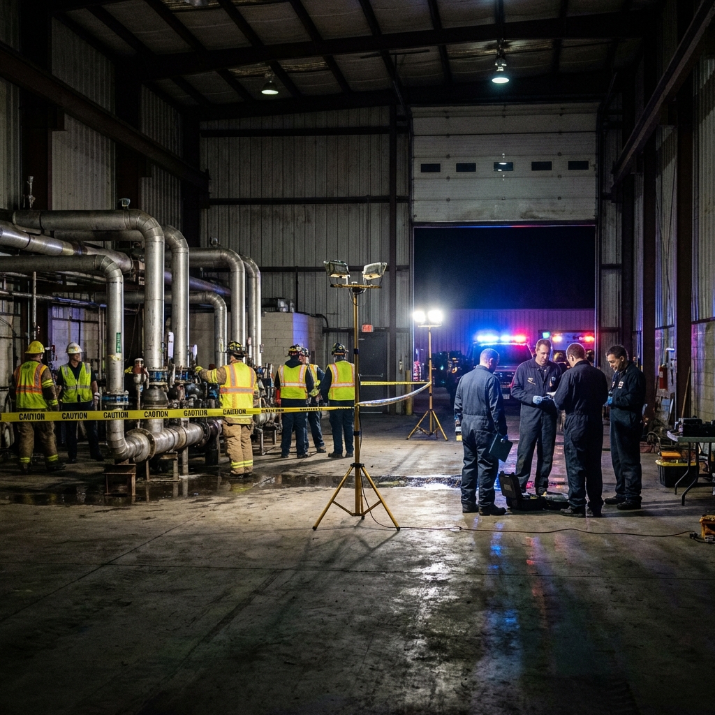 Investigators examine the warehouse scene where the fatal accident occurred