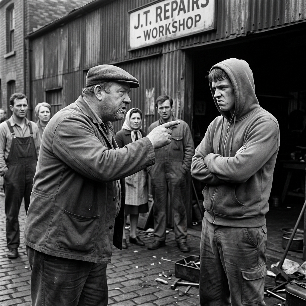 Eugene Dawson confronts Tucker outside his workshop